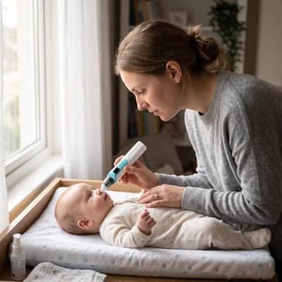 Adulte approchant un mouche-bébé électronique du nez d’un bébé allongé près d’une fenêtre