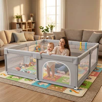Adulte et bébé dans un parc gris posé sur un tapis de jeu coloré dans un salon