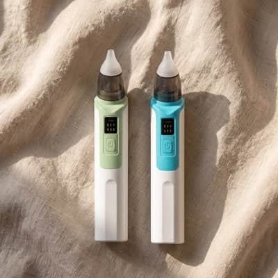 Deux mouche-bébés électroniques vert pâle et turquoise posés côte à côte sur un tissu beige
