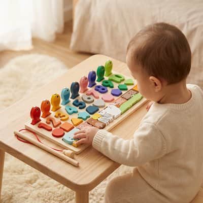 Jeune enfant vu de côté posant la main sur un puzzle en bois multicolore installé sur une petite table