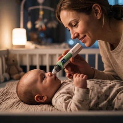 Femme penchée vers un bébé allongé dans son lit, tenant un mouche-bébé électronique vert près de son nez