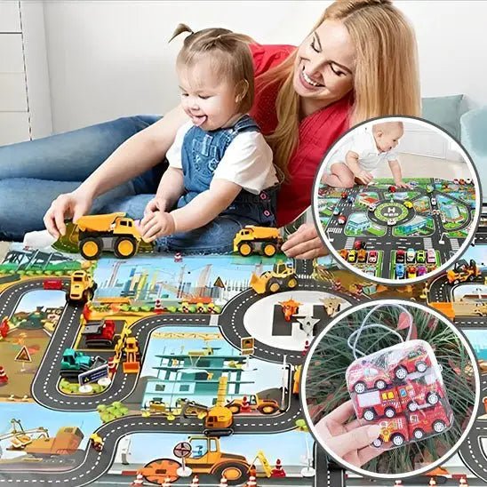 Enfant jouant sur tapis carte routière | imagination et éveil en plein jeu