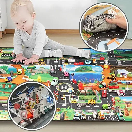 Tapis carte routière déplié chambre enfant | intégration parfaite dans la salle de jeux