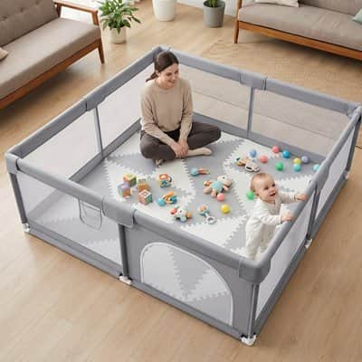 Vue plongeante sur une adulte assise et un bébé allongé parmi des jouets dans un parc gris